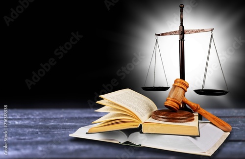 Justice Scales and books and wooden gavel