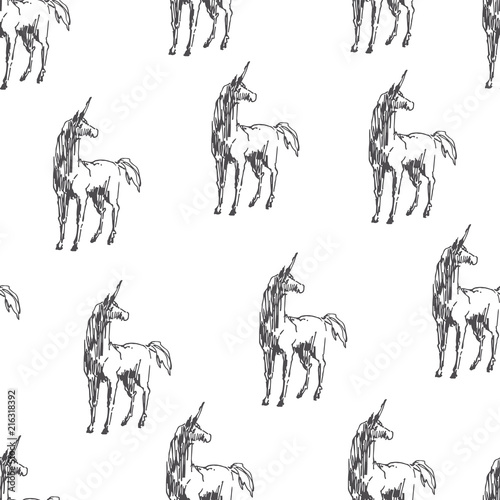Vector seamless pattern with running unicorn. Hand drawn fantasy texture. Magic character in sketch style