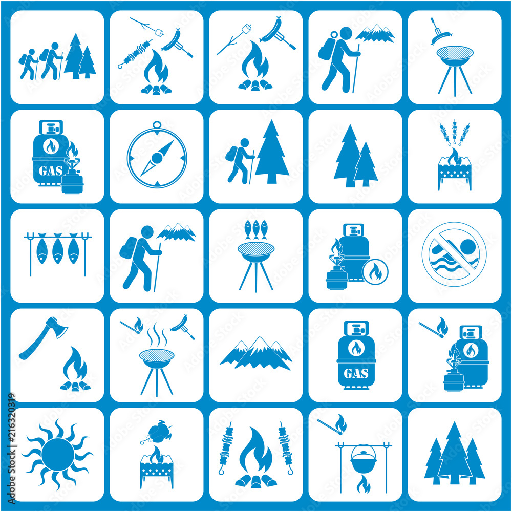 Set of travel and camping equipment icons Set of travel and camping equipment icons