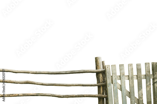 Old wooden fence with wicket on white background. Rustic lifestyle concept