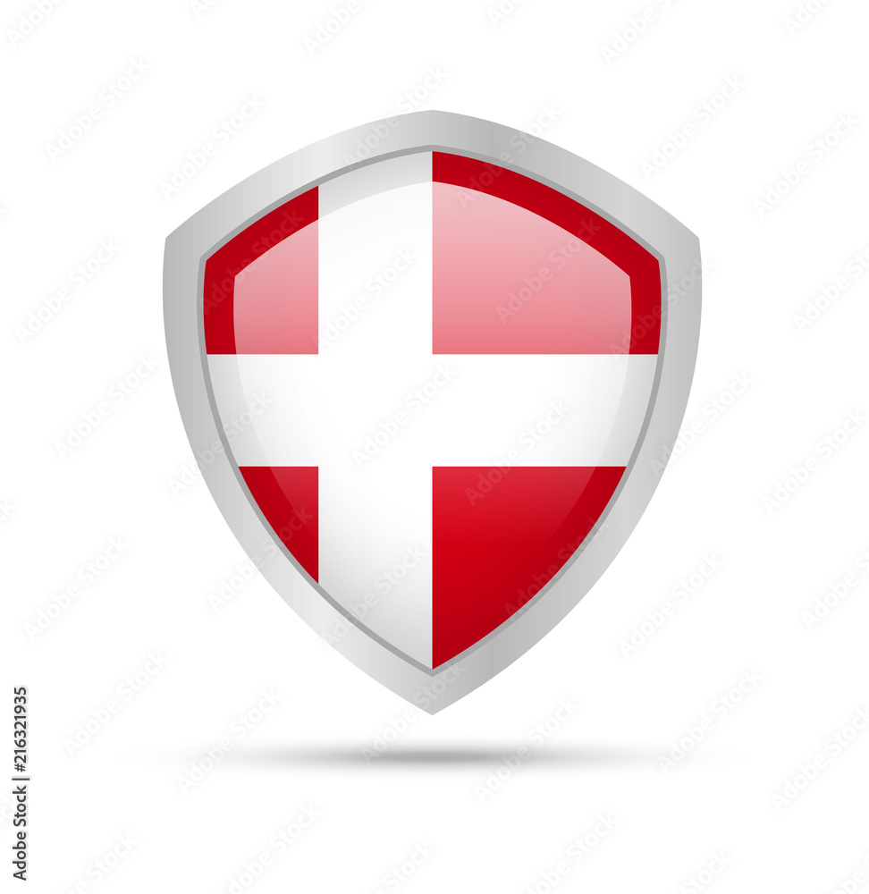 Obraz premium Shield with Denmark flag on white background. Vector illustration.