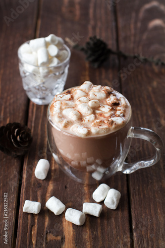 Glass cup of cocoa with marshmallow
