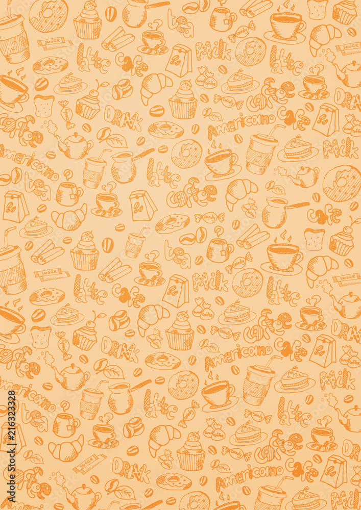 Coffee background with hand-draw doodle elements.