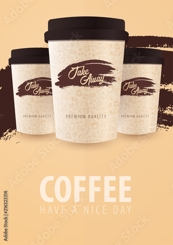 Take Away coffee cup with the hand-draw doodle elements on the background. Coffee poster for ads.