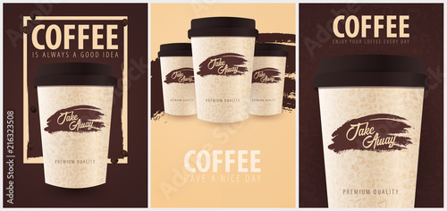 Take Away coffee cup with the hand-draw doodle elements on the background. Set of Coffee posters for ads.