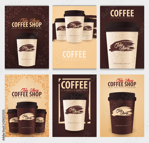 Take Away coffee cup with the hand-draw doodle elements on the background. Set of Coffee posters for ads.