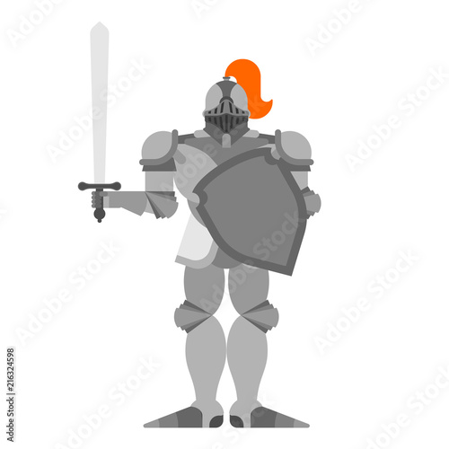 Knight isolated. Metal armor warrior. Iron armor. Plate and sword. Vector illustration
