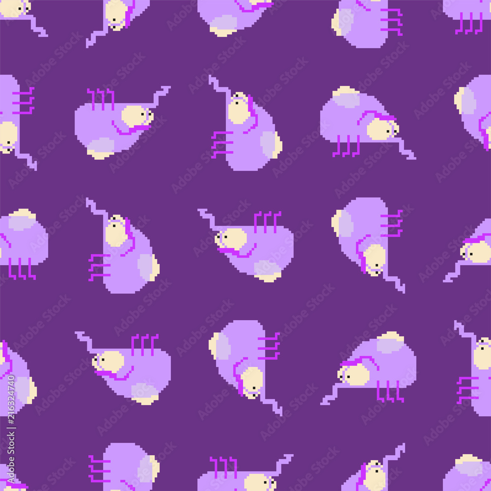 Fly bug pixel art pattern seamless. Flying insect 8 bit. Vector background