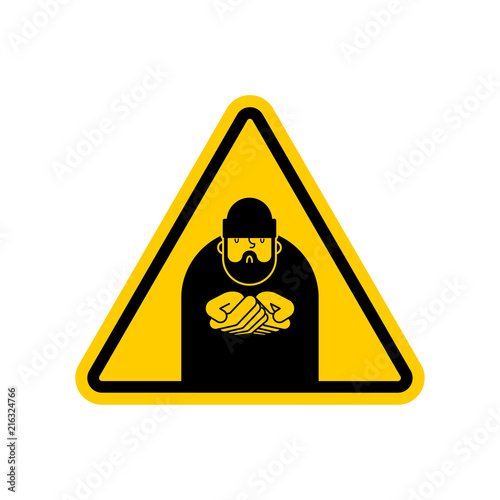 Attention Homeless. Danger Beggars. Yellow Caution road sign Poor.  bum hobo Vector illustration