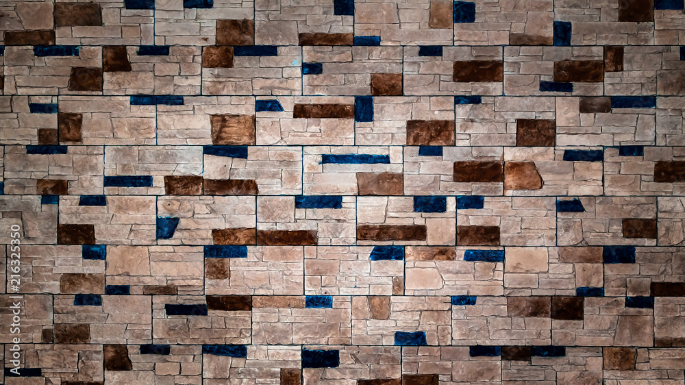 Wall of stove or fireplace lined with multi-colored heat-resistant tiles.  Stone texture or background. Mosaic Stock Photo | Adobe Stock