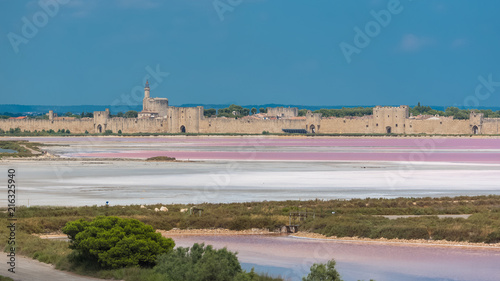 Aigues-Mortes, Salins du Midi, panorama with pink lake and Aigues-Mortes in background 