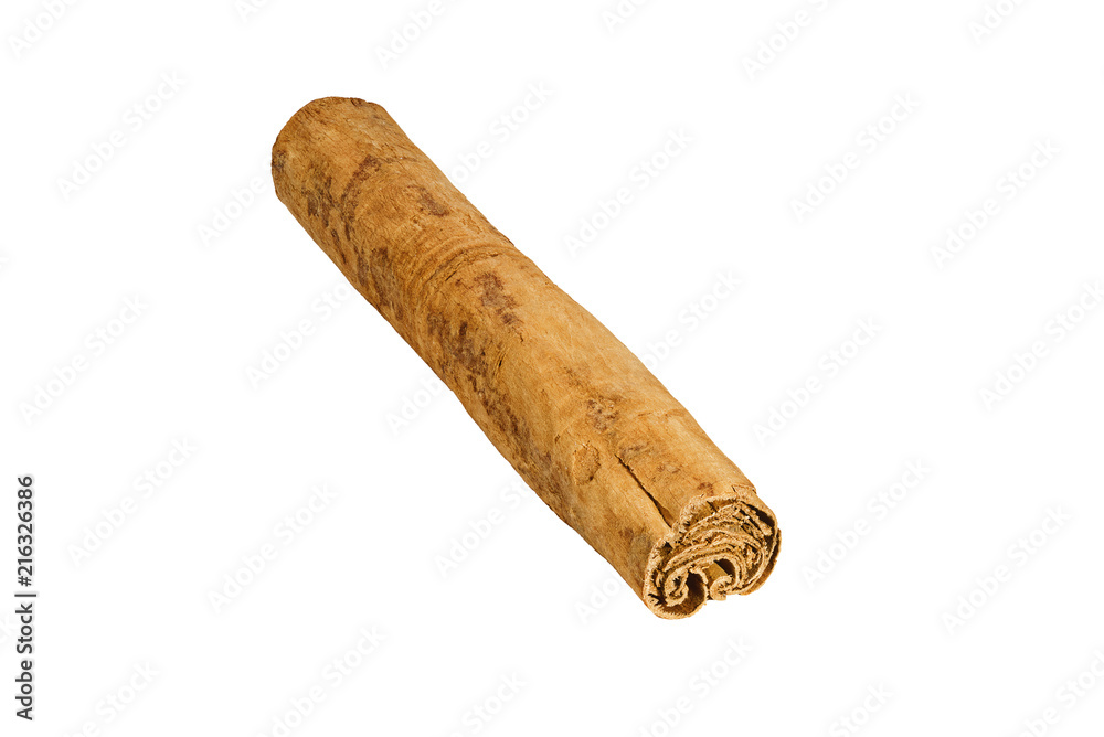 A stick of Ceylon cinnamon on a white background