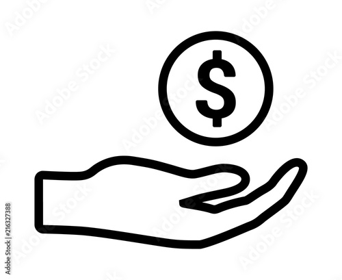 Hand holding money as a donation to charity or fundraiser / fundraising line art vector icon for finance apps and websites