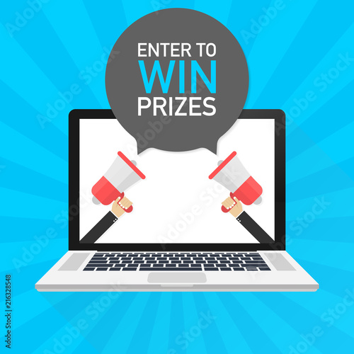 Laptop notebook computer screen. Hand holding megaphone. Enter to win prizes text in speech bubble. Vector illustration.