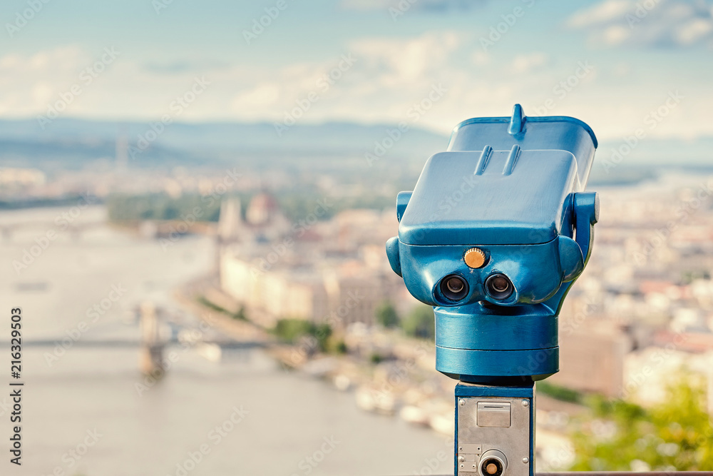 Touristic telescope look at the city with view of Budapest Touristic telescope look at the city with view of Budapest