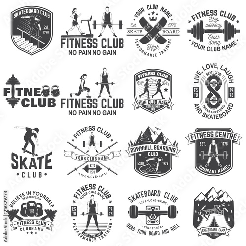 Set of fitness and skate board club concept with girls doing exercise and skateboarder silhouette. Vector