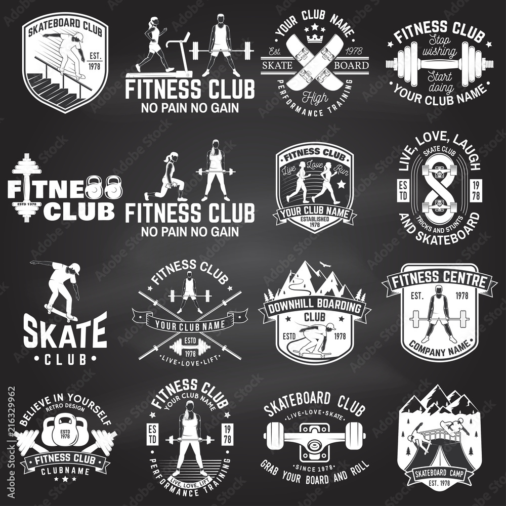 Fototapeta premium Set of fitness and skate board club concept with girls doing exercise and skateboarder silhouette on the chalkboard. Vector