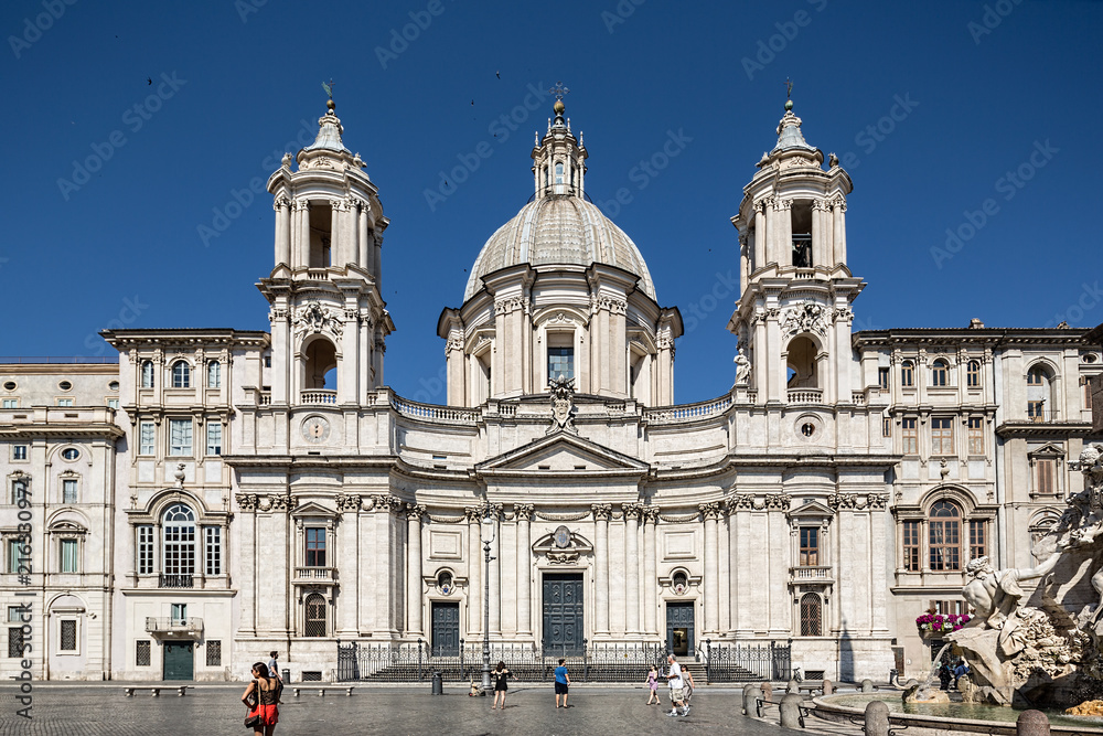 View towards Sant'Agnese in Agone, a 17th-century Baroque church in Piazza Navona Rome, Italy