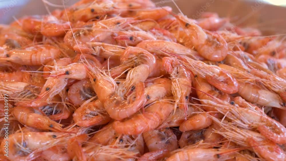 Steam shrimps buffet bar in the restaurant. Boiled shrimps buffet. Close up image of freshly steamed shrimps. Shrimps are poured in a showcase in a seafood restaurant. Steam shrimps buffet bar in the restaurant. Boiled shrimps buffet. Close up image of freshly steamed shrimps. Shrimps are poured in a showcase in a seafood restaurant.