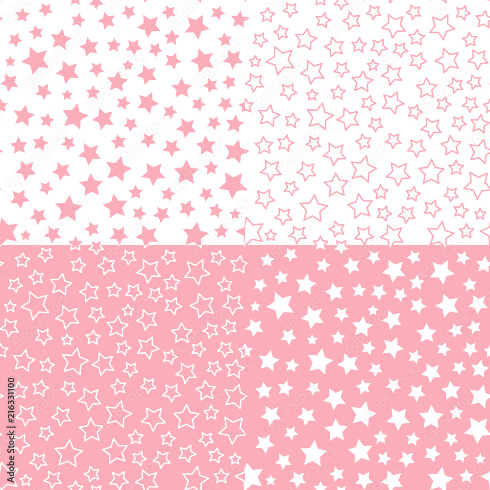Set Vector star seamless pattern. Pink color palette background. Textile Design for baby shower