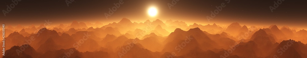 Obraz premium Panorama of Mars. Sunset on Mars. Martian surface. 3D rendering 