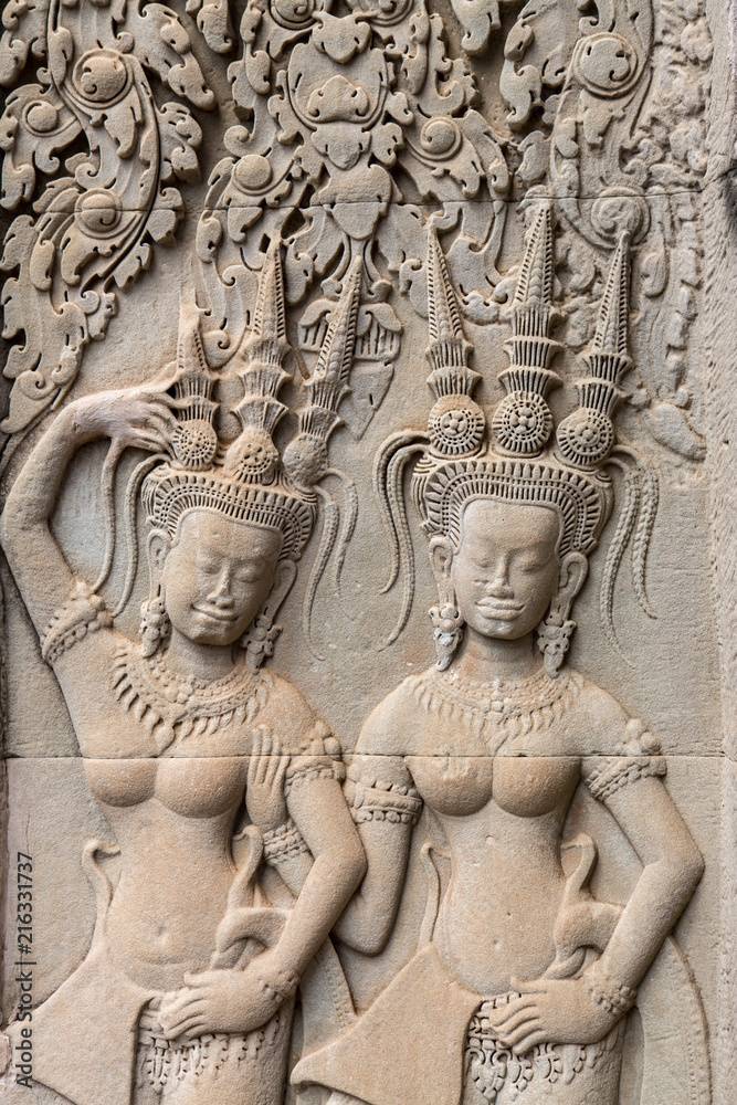 Carvings of Apsara Dancers on a Wall in Angkor Wat, Siem Reap, Cambodia