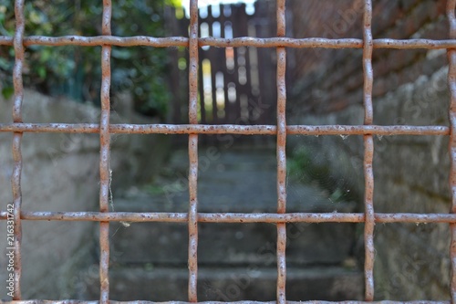Closeup photograph of fencing. A passageway is seen in the background.