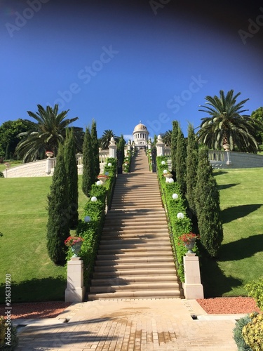 Beautiful view of Bahai gardens and the shrine of the Bab on mount Carmel in Haifa, Israel. © Anzelika