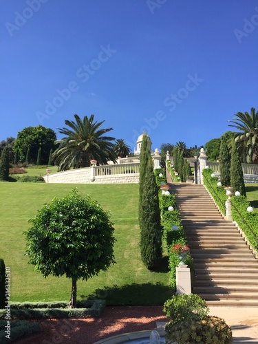 Beautiful view of Bahai gardens and the shrine of the Bab on mount Carmel in Haifa, Israel. © Anzelika