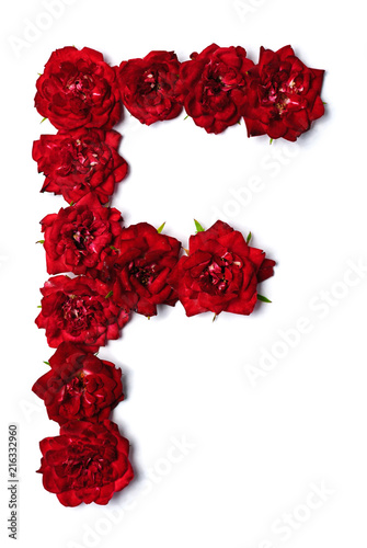 Letter F from flowers of red rose