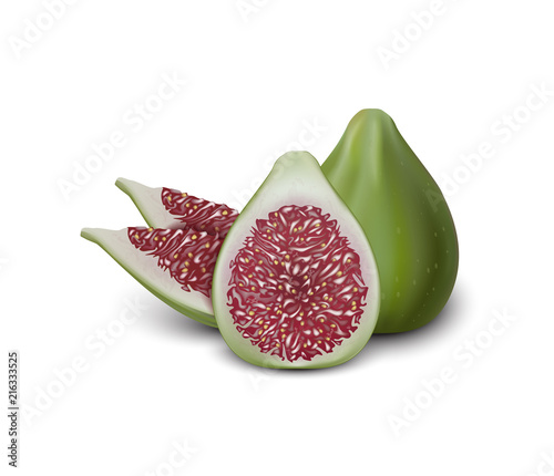 Red and Green Fig. Realistic 3d Figs Slices. Detailed 3d Illustration Isolated On White. Design Element For Web Or Print Packaging. Vector