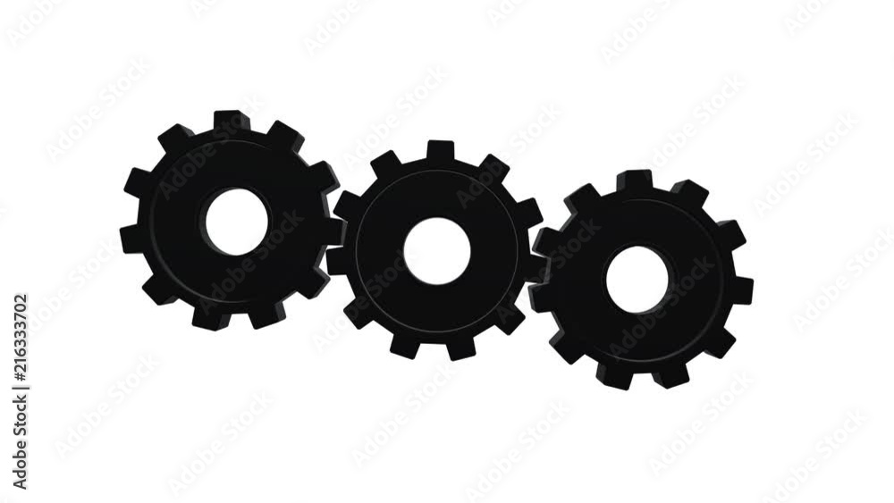 Three black gears spinning flies . White background. Alpha channel Three black gears spinning flies . White background. Alpha channel
