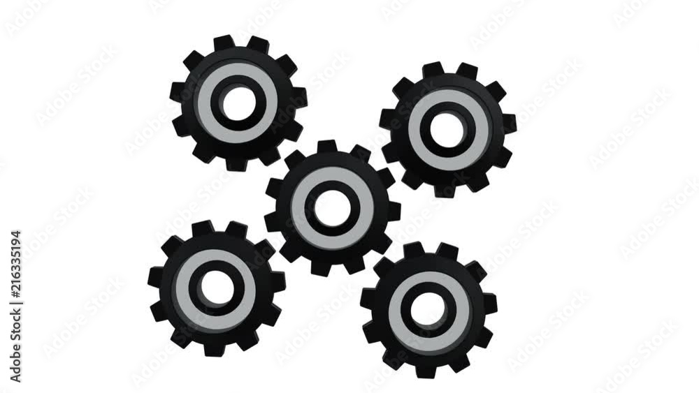 Five black gears spinning flies . White background. Alpha channel Five black gears spinning flies . White background. Alpha channel
