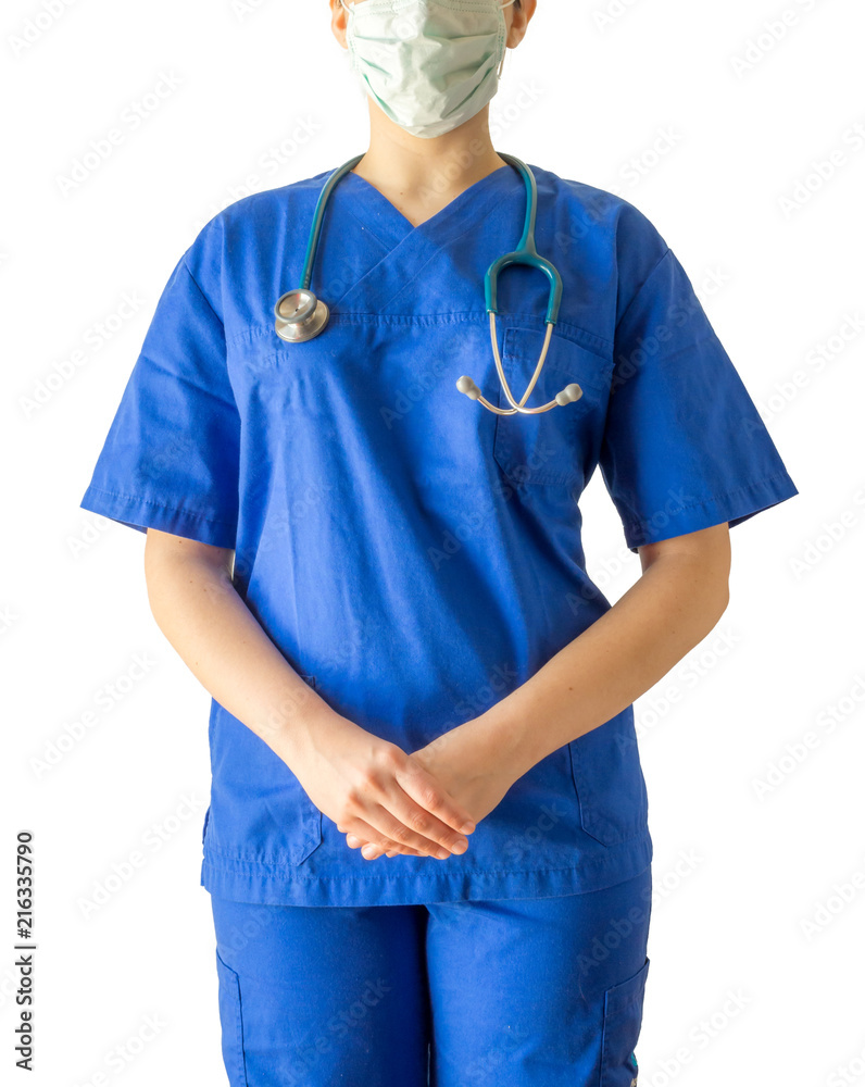 Portrait of an unknown young doctor in blue medical uniform hold Portrait of an unknown young doctor in blue medical uniform hold