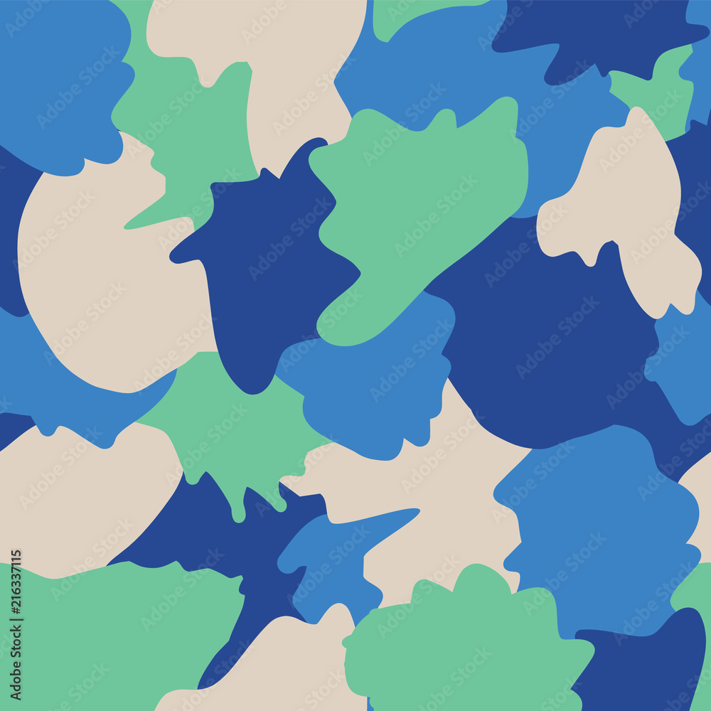 Abstract shapes camouflage seamless vector background. Green, beige, blue, teal, and turquoise shapes layered. Doodle background. Graphic illustration for wrapping, web backgrounds, paper, fabric