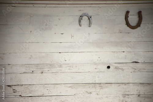 White wood board wall background with horseshoes hanging