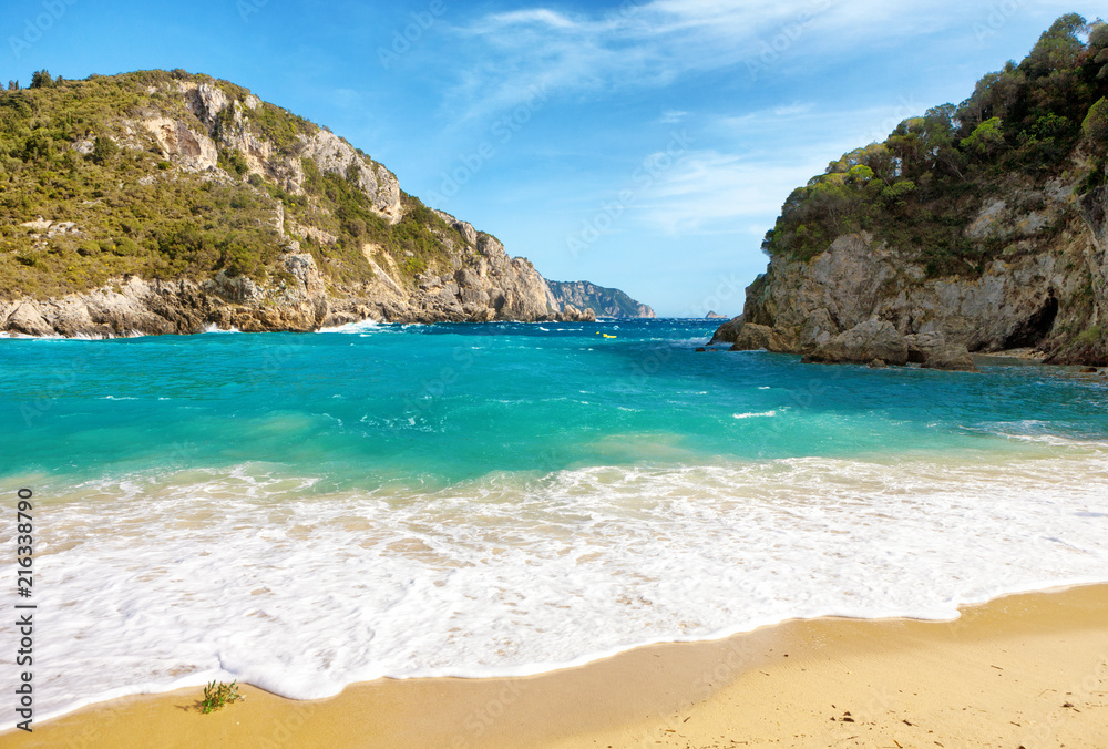 Beautiful sandy beach in Paleokastritsa in Corfu island, Greece