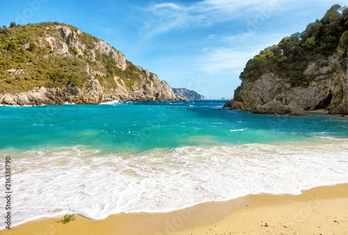 Beautiful sandy beach in Paleokastritsa in Corfu island, Greece