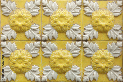 Traditional Portuguese azulejo tiles on the building in Porto, Portugal.