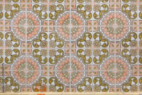 Traditional Portuguese azulejo tiles on the building in Porto, Portugal.