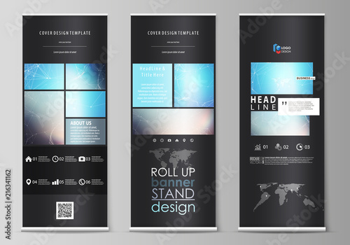 The black colored vector illustration of editable layout of roll up banner stands, vertical flyers, flags design business templates. Molecule structure. Science, technology concept. Polygonal design.