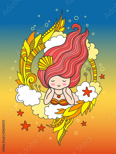 Dreamy lying mermaid with wavy red hair on a rainbow background. Vector illustration for card  postcard  print  poster  notebook  cover  invitation  t-shirt.