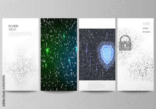 The minimalistic vector illustration of the editable layout of flyer, banner design templates. Binary code background. AI, big data, coding or hacker concept, digital technology background.