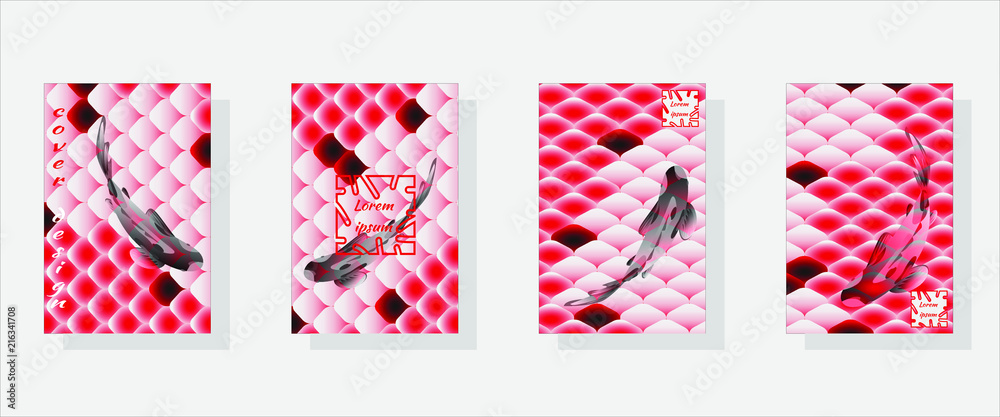 Set of fashionable modern design templates for covers. National oriental pattern, multi-colored fish scales of carp Koi. Vector illustration.