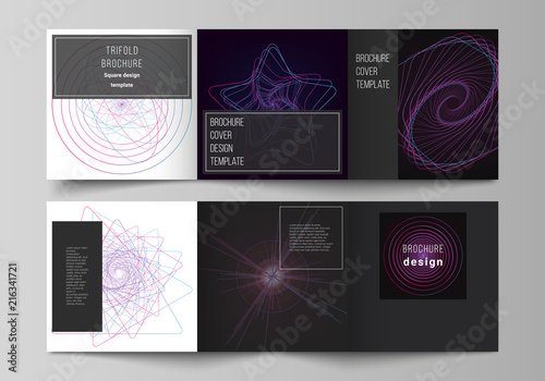 Vector layout of two square format covers design templates for trifold square brochure, flyer. Random chaotic lines that creat real shapes. Chaos pattern, abstract texture. Order vs chaos concept.