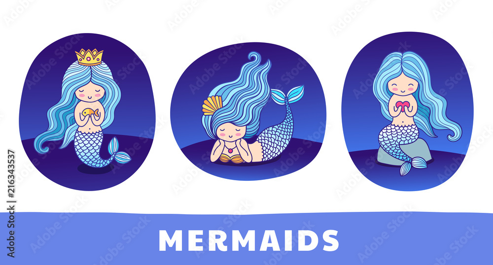 Collection of cute cartoon princess mermaids, floating, sitting on a rock, lying. Round patch, sticker, badge and print for clothes, t-shirt, postcard, poster. Set of vector colorful illustrations.