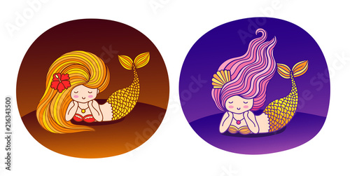 Set of dreamy lying cartoon mermaid with wavy golden and purple hair. Under the sea. Round sticker, poster, badge, patch. Vector flat illustration.