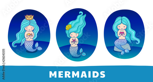 Collection of cute cartoon mermaids with blue hairs, on a dark blue background. Round patch, sticker, badge, print for clothes, t-shirt, postcard, poster. Set of vector colorful illustrations.