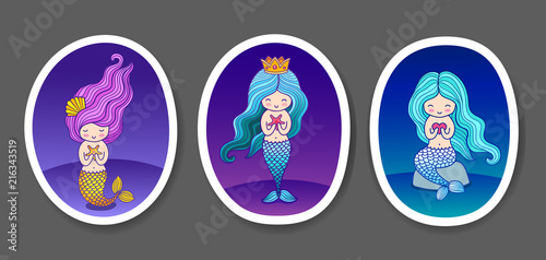 Set of cute little mermaids on a dark blue, violet sea gradient background. Round patch, sticker, badge, print for clothes, t-shirt, postcard, poster. Vector illustration with frame.