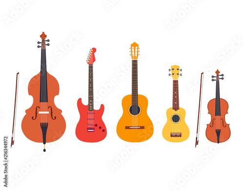 String musical instruments vector set. Double bass  electric guitar  acoustic guitar  ukulele  violin isolated on white background. Cute flat cartoon style. Vector illustration